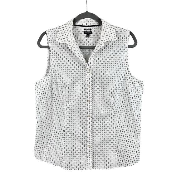 Talbots Sleeveless Button Down Women's Size 16P Black White Anchor Top Nautical - Picture 1 of 9